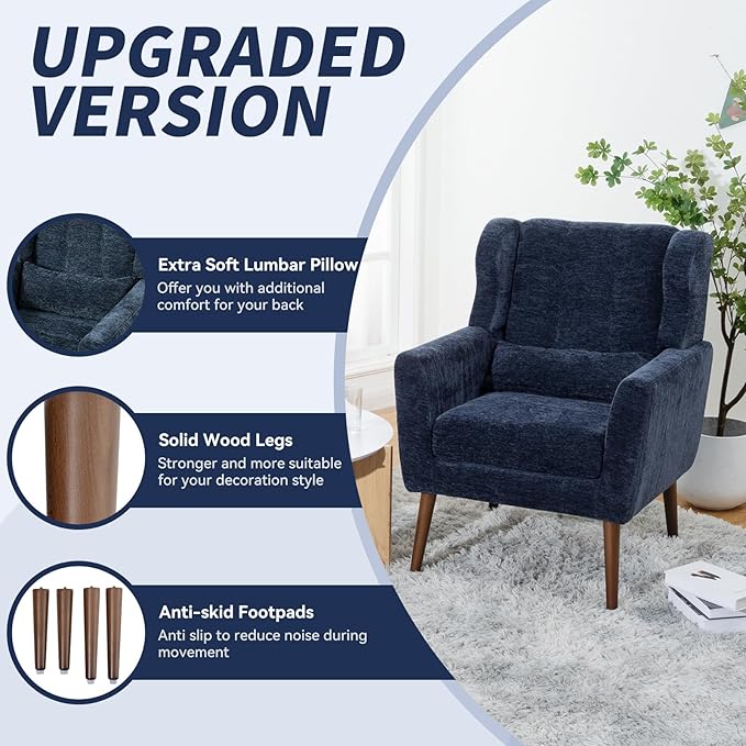 QKFF Accent Chair Set of 2, Upholstered Armchair with Pillow, Fabric Single Sofa Chair with Lounge Seat and Wood Legs Accent Chair for Living Room Small Spaces (Dark Blue, Set of 2)