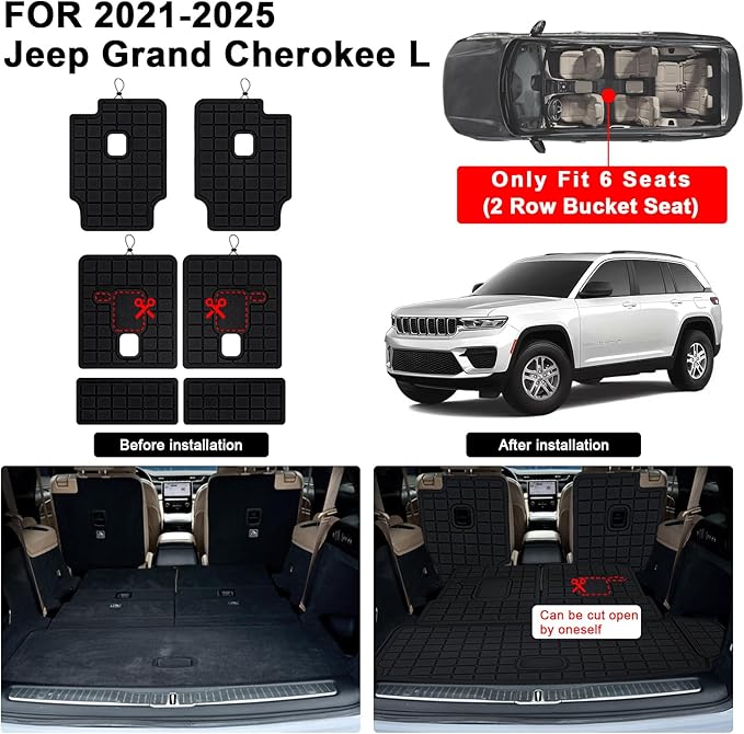 Floor Mats for 2021-2025 Jeep Grand Cherokee L 6 Seats (2nd Row Bucket Seats) & Cargo Mat & Backrest Mat,TPE All Weather Protection Car Mats 2nd & 3rd Row Covering The Backrest Accessories