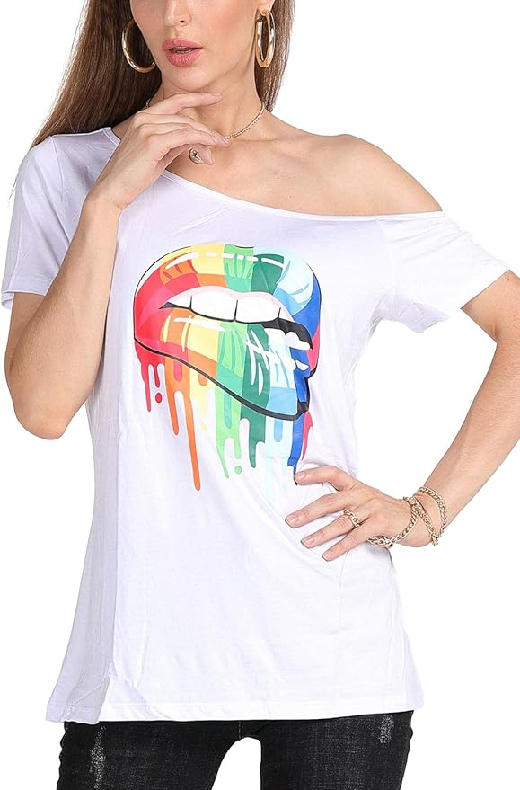 MAGICMK Women’s Short Lips Print Causal Off The Shoulder Plus Size T-Shirt Tops