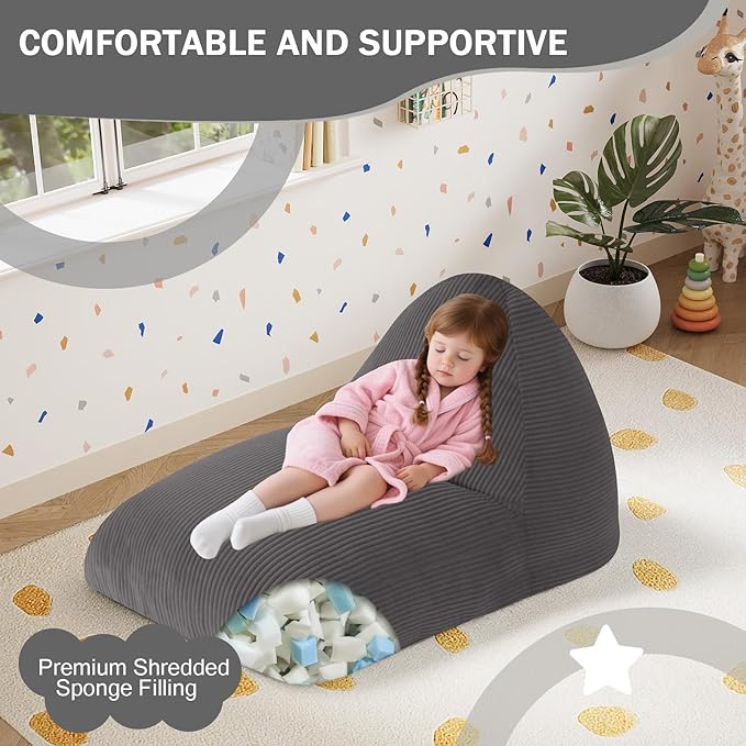 COMAX Bean Bag Chairs for Kids, Kid Beanbag Chair with Filler, Toddler Lounge Bean Chair Corduroy, Lazy Floor Lounger for Girls and Boys Stuffed, Grey