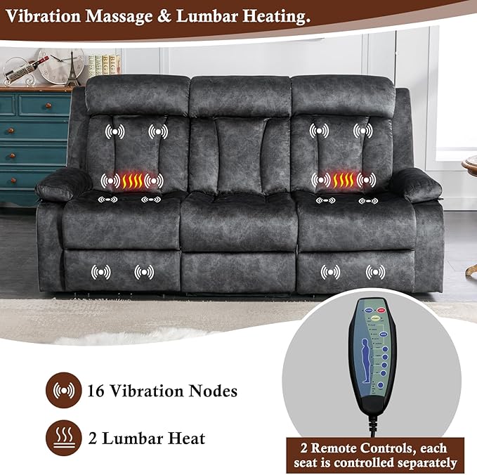 GUEAPY 3 Seater Power Reclining Sofa with Heat & Massage, Drop Down Table with Cup Holders, USB & Type-C Ports, Dutch Velvet Recliner Couch for Living Room, Home Theater & RV, Independent Controls
