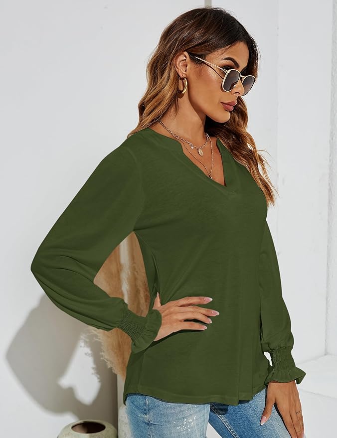 Romanstii Women's Casual V-Neck T-Shirts Loose Puff Long Sleeve Tops Tunic Blouses