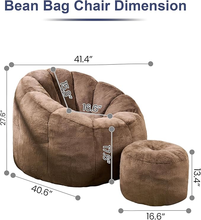 Pumpkin Shaped Bean Bag Chair with Ottoman, Gaint Bean Bag Chair for Adults, Faux Rabbit Fur Comfy BeanBag Floor Sofa Chair for Reading, Playing, Relaxing, Brown