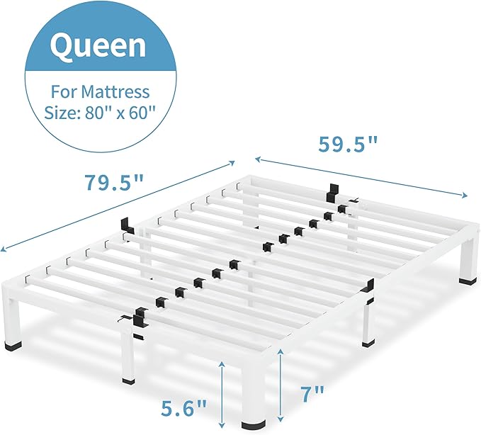 VIPSHOW 7 Inch White Queen Bed Frame, 3500Lbs Heavy Duty Metal Platform with Round Corner Legs Mattress Slide Stopper, Steel Slat Support No Box Spring Needed, Noise Free, Non-Slip, Easy Assembly