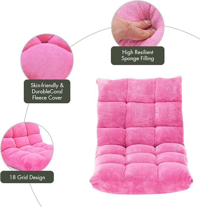 S AFSTAR Cushioned Floor Chair, 14-Position Adjustable Padded Lazy Recliner with Comfortable Back Support and Skin-Friendly Cover, Great for Reading, Playing Game, Meditating (Delightful Pink)