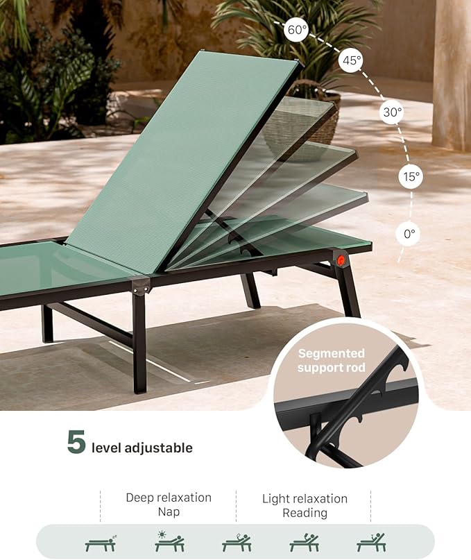 WOAJNQO Aluminum Patio Chaise Lounge Chair Set of 2 with Side Table,5-Position Adjustable Backrest,Foldable Lounge Chair Outdoor,Pool Lounge Chairs for Poolside,Lawn,Deck,Beach (Green, 2 Pack+Table)