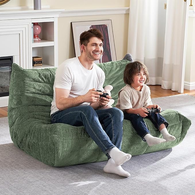 HABUTWAY Bean Bag Chair, Giant Bean Bag Chairs for Adults, Loveseat Fireside Chair, 2 Seater Lazy Bean Bag Sofa Memory Foam Couch for Living Room, Bedroom, Office (Green)