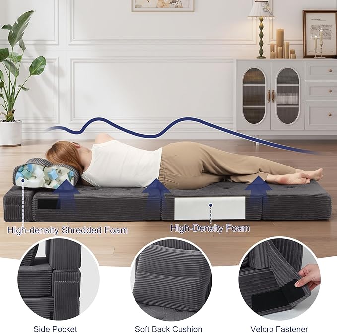 COMAX Folding Sofa Bed, Foldable Couch for Bedroom, Convertible Floor Sleeper Futon Chair Foam, Corduroy 3 in 1 Fold Out Chair Portable Comfy Lounge Couch Sofa Bed for Small Space, Single, Grey