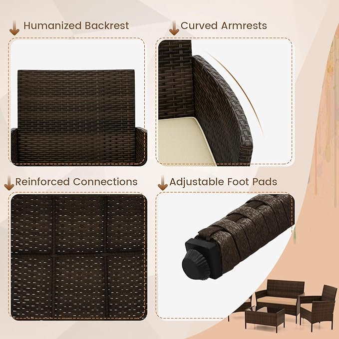 HAPPYGRILL 4 Pieces Outdoor Rattan Conversation Set, Patio Wicker Furniture Set with Loveseat Chairs & Tempered Glass Coffee Table, Outside Sectional Sofa Set for Backyard, Garden & Poolside