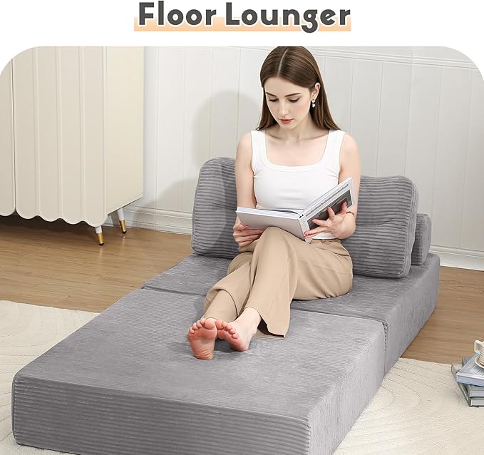 MeMoreCool Folding Sofa Bed Single Grey – Convertible Sleeper Chair with Back Support | Foldable Floor Lounge Mattress Chair with Headrest & Lumbar Pillow, Ideal for Living Room, Bedroom Guest Space