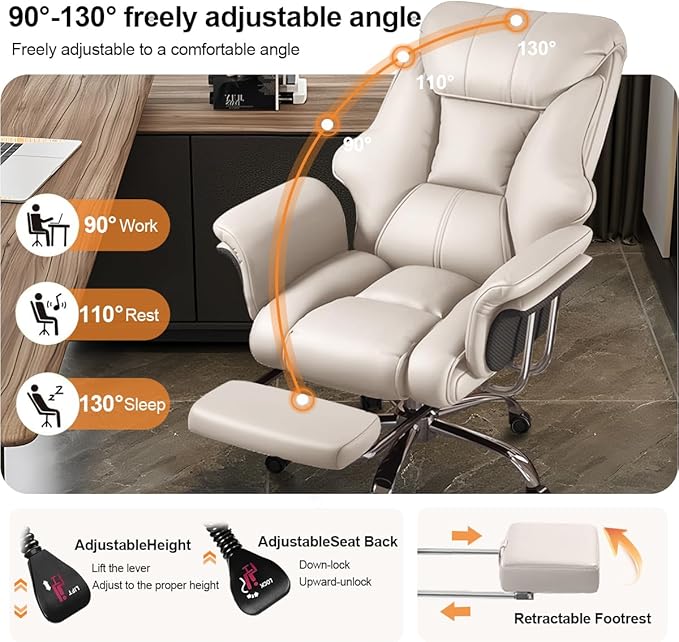 BTFYOU Big and Tall Office Chair with Armrests Executive Chair with Footrest and Spring Lumbar Support High Back Leather Ergonomic Chair Adjustable Height Tilt Lock for Business