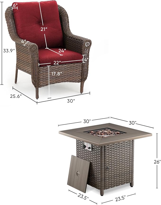 ACTREST Outdoor Patio Chairs with Fire Pit Table 5 Piece Set - High Back Brown Wicker Rattan Lawn Chair with Thick Cushion for Porch Apartment Deck Yard Poolside Garden - Red
