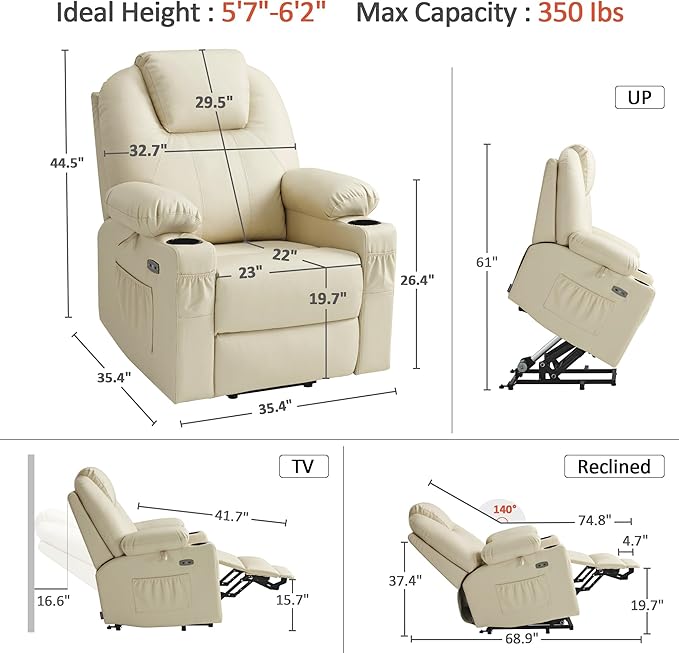 MCombo Large Power Lift Recliner Chair with Massage and Heat for Tall Elderly People, 3 Positions, Cup Holders, and USB Ports, Faux Leather 7516 (Large, Cream White)