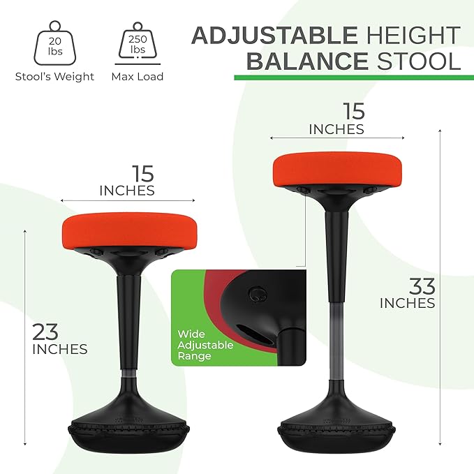 Uncaged Ergonomics Wobble Stool – Height Adjustable (23–33") Ergonomic Standing Desk Chair, Flexible Seating for Office, Classroom, and Active Sitting - Red