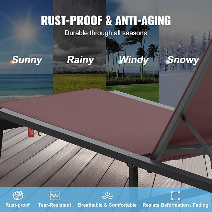 VEVOR Chaise Lounge Chair Outdoor, Aluminum Patio Lounge Chairs with Adjustable 5-Position, Folding Pool Chairs Recliner and Full Flat Tanning Chair for Patio, Beach, Pool, Brown