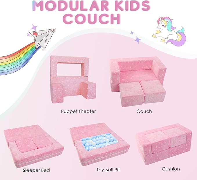 MeMoreCool Glow-in-The-Dark Unicorn Kids Modular Play Couch Sofa – Convertible 2-in-1 Plush Foam Toddler Chair for Children’s Playroom