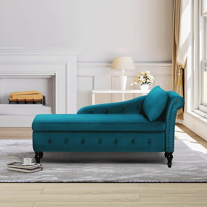 ACMEASE Upholstered Chaise Lounge with Right Armrest & Lumbar Pillow,Button Tufted Lounge Sofa with Storage,Lounge Chair Indoor,Modern Velvet Lounge Chair for Bedroom, Living Room and Office,Teal