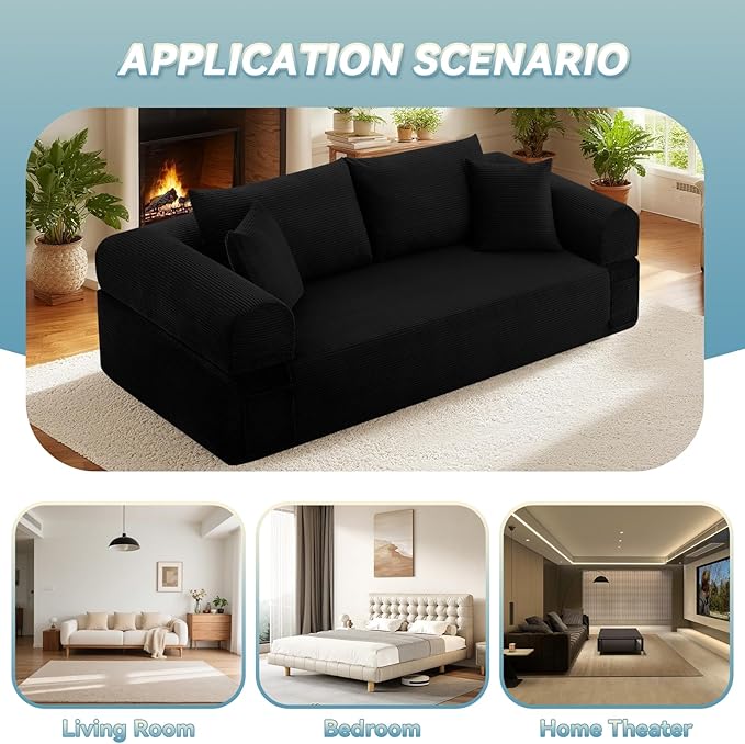 GJQ 83" Boneless Couches for Living Room,Corduroy 3 Seater Couch in a Box with 4 Pillows & Storage Pocket,Convertible Sleeper Sofa Bed Compressed Floor Sofa,Black
