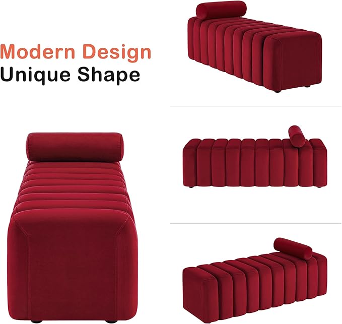 MCombo Waiting Room Benches, Guest Reception Lobby Chairs for Salon, Velvet Upholstered Ottoman for Bedroom Entryway 4698 (Red)
