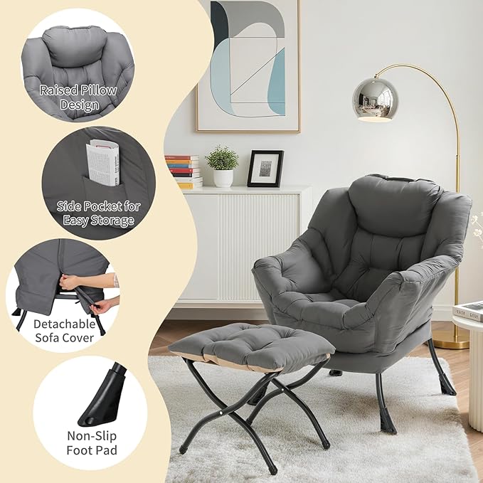 TLSUNNY Lazy Chair with Foldable Ottoman, Modern Comfy Lounge Chair, Large Sofa Armchair with Footrest and a Side Pocket, Reading Chair with Footstool for Bedroom, Living Room, Dorm (Dark Grey)