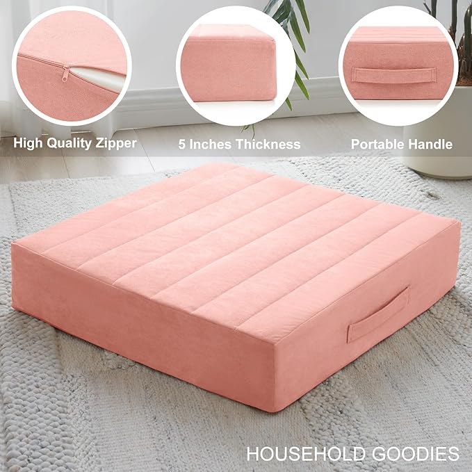 JKMAX Floor Pillow - PinkJKMAX 22 inches Floor Pillow for Adults - Large Meditation Cushion with Thick Foam - Premium Outdoor Square Floor Cushion Seat - Yoga Pillow for Sitting On Floor - Pink