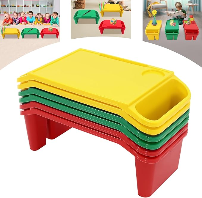 6 Pcs Kids Lap Desk Tray, Plastic Breakfast Lap Desk Trays with Storage Slots, Portable Stackable Lap Tray Tables for Writing Drawing Classroom, 19.69" L x 9.84" W x 7.1" H (Red+Green+Yellow)