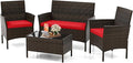 KOTEK 4 Piece Patio Furniture Set, Outdoor Rattan Conversation Set with Loveseat, Wicker Chairs, Tempered Glass Coffee Table, Wicker Patio Set for Backyard, Porch (Red)
