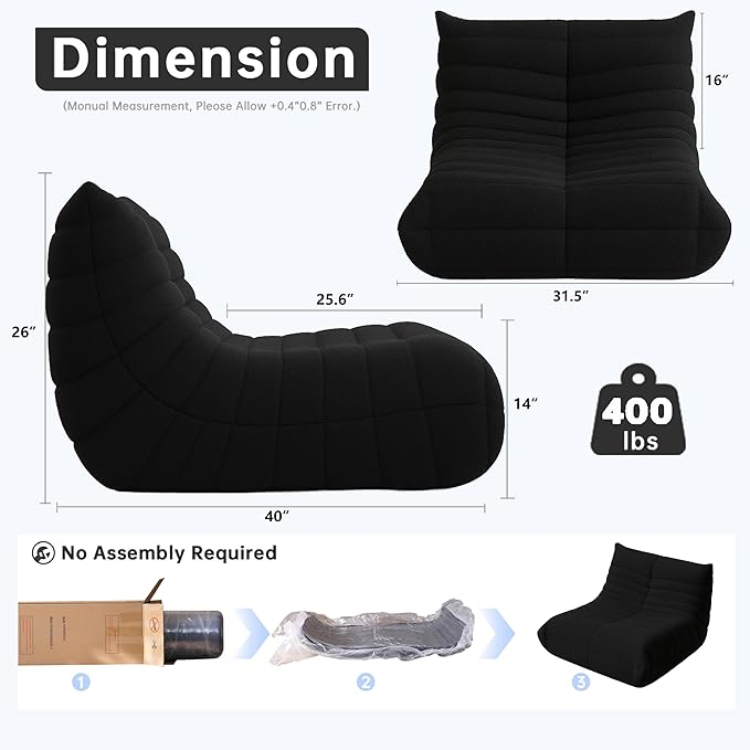 Bean Bag Chairs for Adults, BeanBag Reading Chair Memory Foam Couch, Floor Chair Soft Teddy Material, Comfy Reading Nook Chairs for Bedroom Living Room Office (Black)