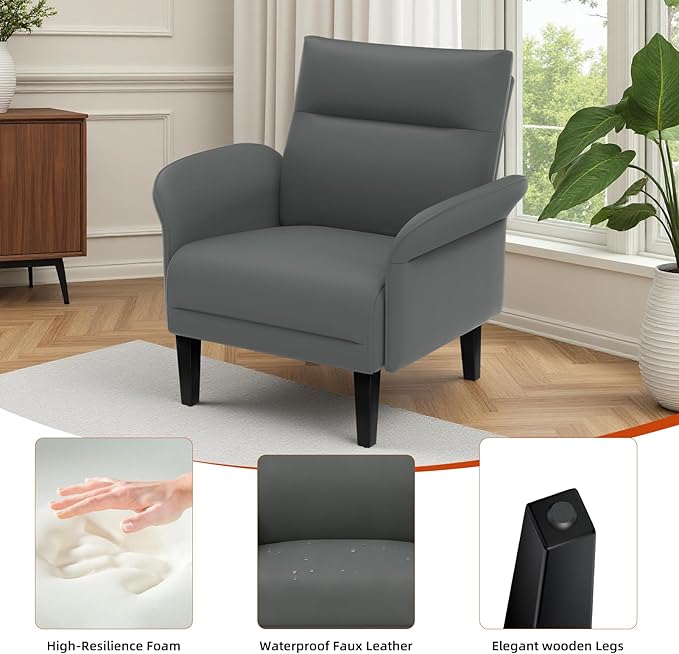 3-Piece Symmetrical Shawl Arm Sofa Set, Faux Leather Loveseat & 2 Accent Chairs with Wide Armrests, Wooden Legs, Upholstered Living Room Set for Cozy Spaces(Gray)