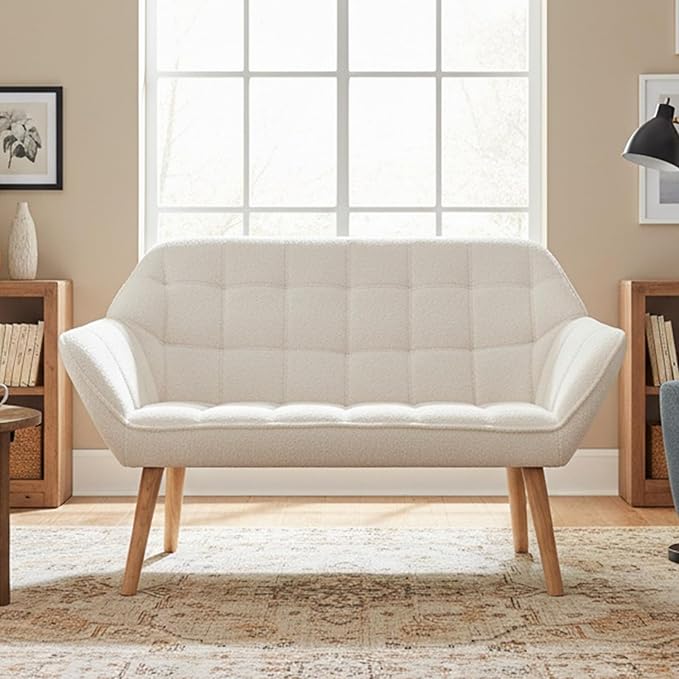 48" White Small Loveseat Sofa, Comfy Faux Fur 2-Seat Love Seat with Wood Legs, Modern Tufted Wingback Upholstered Sofa Couch for Small Space Living Room Bedroom Apartment