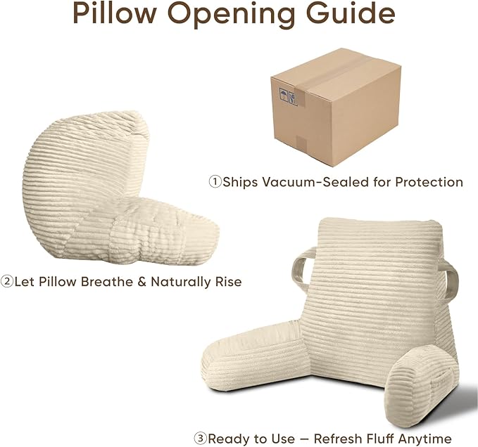 ABROLOY Reading Pillow for Sitting in Bed Adult, Bed Reading Pillow with Shredded Memory Foam, Back Pillow for Sitting with Arms and Pockets, Beige