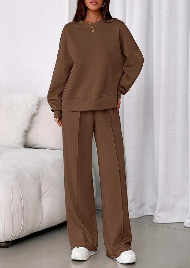 PRETTYGARDEN 2 Piece Sets For Women Fall Trendy Long Sleeve Sweatshirt Wide Leg Pants Loungewear Set Matching Sweatsuit
