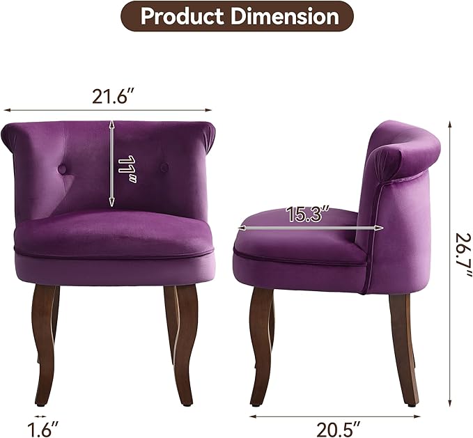 WUTUTUEE Velvet Vanity Chair with Solid Wood Legs, Tufted Upholstered Vanity Stool with Back, Mid Century Small Makeup Accent Chair for Bedroom, Living Room, Purple