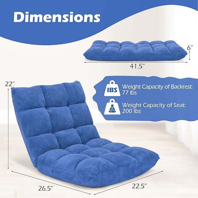 Floor Chair with Back Support, Foldling Gaming Sofa Chair with Comfy Cushion, Adjustable 14-Position Meditation Chairs, Lazy Lounge Recliner Reading Seat for Adults, Kids (Blue)