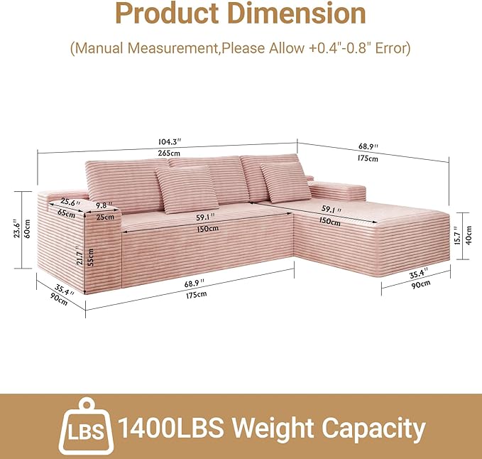 KAPEETOO Modular Sectional Sofa Cloud Couch for Living Room, Right L Shaped Boneless Couch with Chaise Longue, Oversize 3-Seater Sectional Sleeper Sofa Set with Deep Seat Bedroom (Pink)