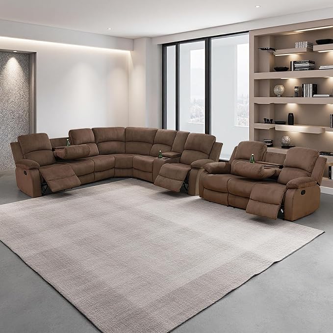 SIENWIEY Manual Recliner Sectional Sofa for Living Room,L Shaped Reclining Sectional Corner Couch with Sofa,Brown Fabric Recliner Sofa Set with Storage Console/Drop Down Coffee Table/Cup Holders