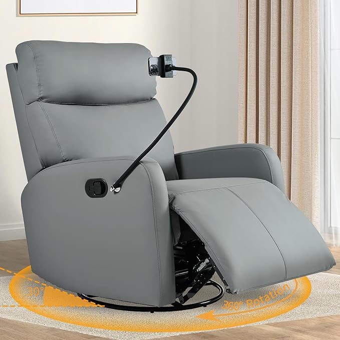 QKFF Swivel Rocker Recliner Chair for Nursery, Upholstered 360° Leather-air Glider Rocking Chair with Phone Holder, Manual Small Recliners for Small Spaces Living Room