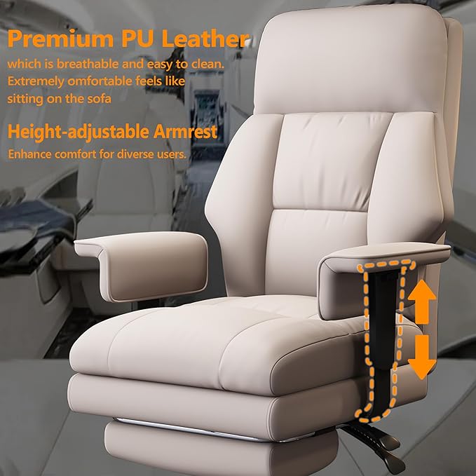 WXJHL Office Chair with Leg Rest, Leather High Back Executive Office Chair with Wheels, Ergonomic Desk Chairs with Lumbar Support for Home Office, Beige