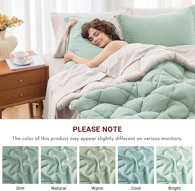 MUXHOMO 5 Pieces Twin Comforter Set, Reversible Bed in a Bag Twin Size, All Season Bedding Set with Comforter, Flat Sheet, Fitted Sheet, Pillowcases & Shams, Sage Green & Beige