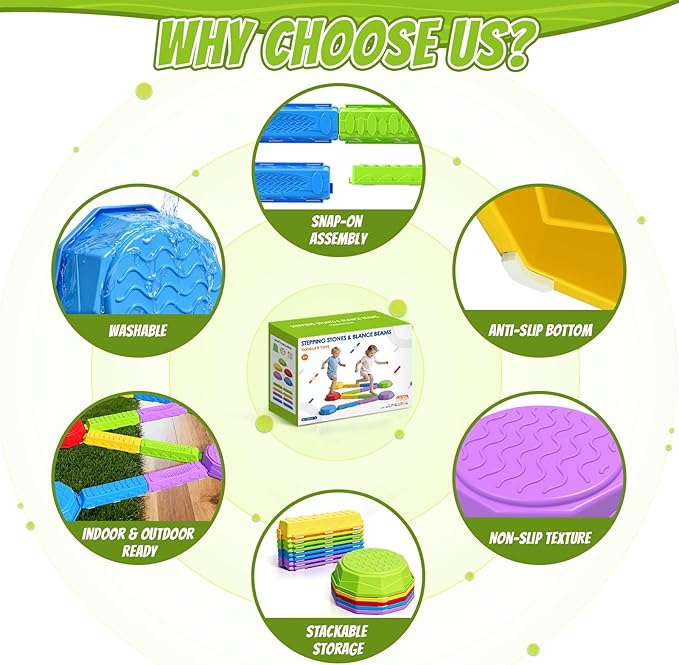 HYES Balance Beams Stepping Stones for Kids, Obstacle Courses Sensory Toys for Toddlers, Non-slip Jumping Step Stones Balance Beam Indoor & Outdoor Play Games Birthday Gifts for Boys Girls 3-5