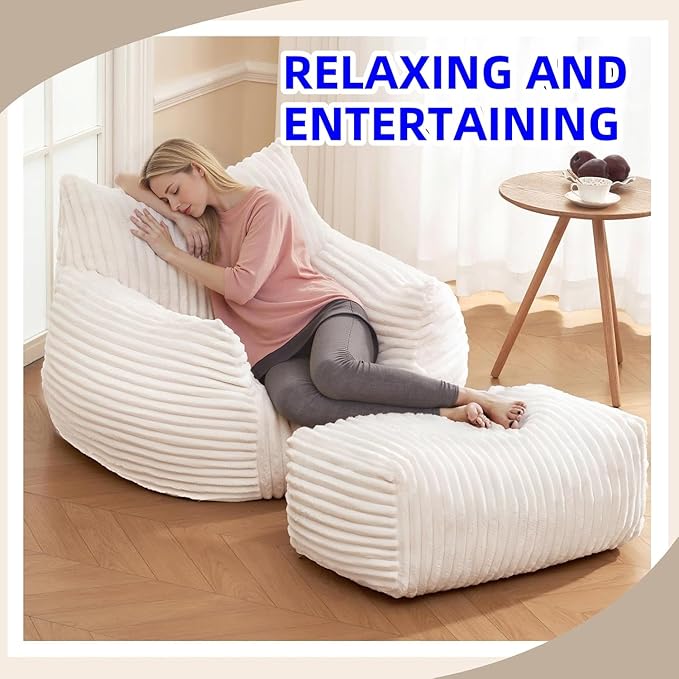 Bean Bag Chair for Adults with Armrest - Ultra Plush Memory Foam Lounge Sofa & Oversized Comfy Chair for Bedroom, Living Room & Dorm (Beige, with Pedals)