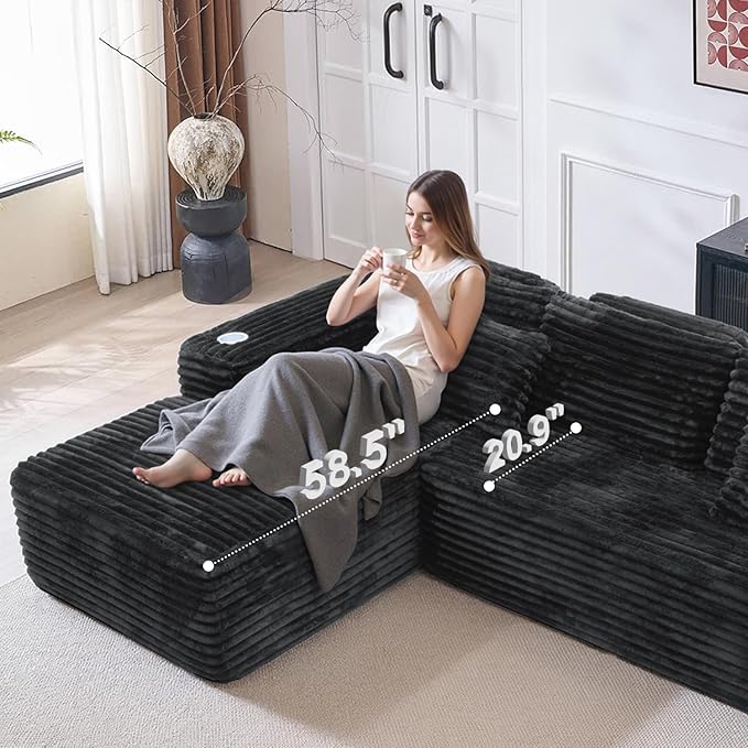 Cloud Sectional Couch with L-Shape Chaise, Modern Modular Sofa with Deep Seat, Built-in Cup Holder & Storage Pocket for Living Room Bedroom, No Assembly Required (Black Grey, Left Sitting Chaise)