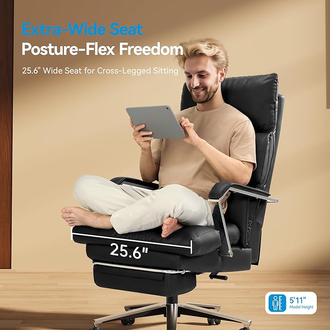 M76 Recline Office Chair with Footrest, 160° Infinite Reclining 10" Thick Executive Desk Chair, 420lb Heavy Duty Big and Tall, Adjustable Seat Depth, Black