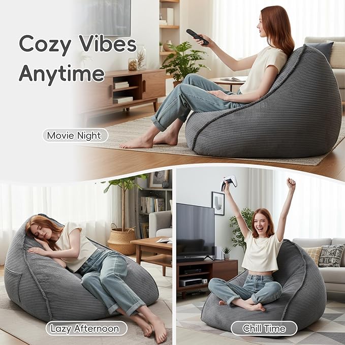 Cloud Bean Bag Chair with Ottoman for Adults, Comfy Corduroy Chaise Lounge Chair with High-Resilience Foam, Boneless Reading Chair for Bedroom & Living Room (Grey)