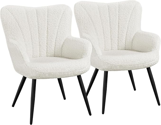 Yaheetech Boucle Accent Chair, Modern Fuzzy Sherpa Armchair, Upholstered Vanity Chair with High Back and Mental Legs for Living Room Makeup Bedroom, Ivory, Set of 2