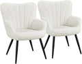 Yaheetech Boucle Accent Chair, Modern Fuzzy Sherpa Armchair, Upholstered Vanity Chair with High Back and Mental Legs for Living Room Makeup Bedroom, Ivory, Set of 2