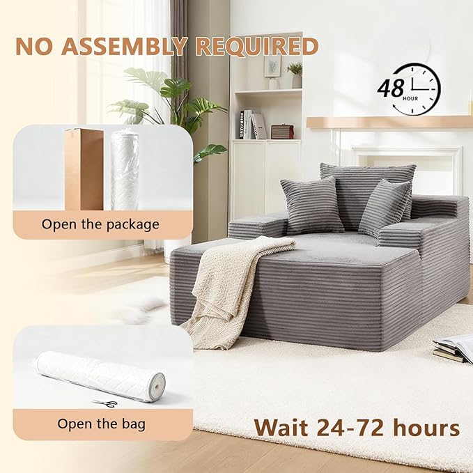 67.3'' Oversized Chaise Lounge Chair Indoor,Corduroy Boneless Couch with 3 Pillows Wide Armrest,Comfy Cloud Couch Sleeper Sofa Reading Chairs for Living Room Bedroom,No Assembly Required (Grey)
