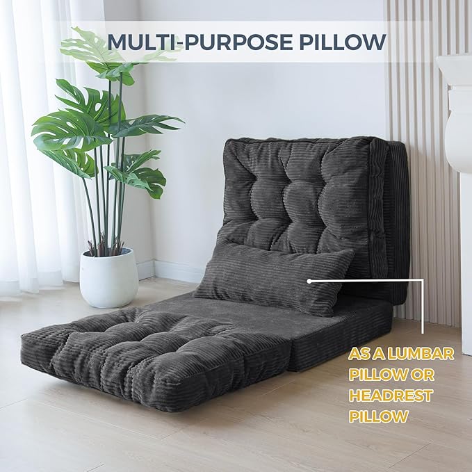 MAXYOYO Bean Bag Bed Tufted Folding Sofa Bed with Pillows Floor Mattress for Adults, Extra Thick and Long Floor Sofa, Single Couch for Bedroom Living Room, Dark Grey, 30x91 Inch