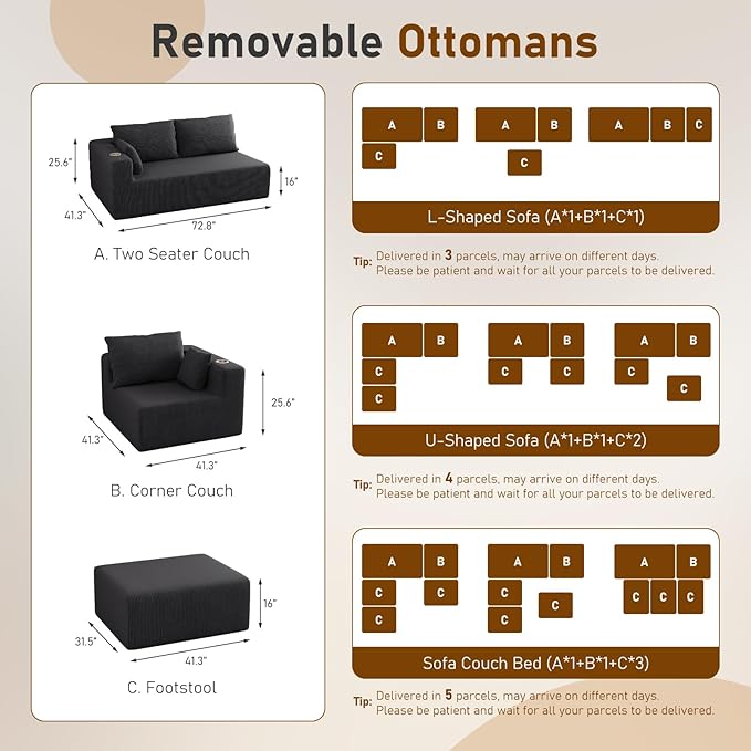 Furnimart 112" L-Shaped Modular Sectional Sofa with Ottoman, Boneless Cloud Couch with Chaise for Living Room, Modern Deep Seat Lounge Sleeper Couch Bed, No Assembly, Corduroy Black