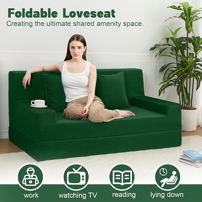 MeMoreCool Boneless Folding Sofa Bed, Corduroy Convertible Sleeper Chair, Foldable Foam Mattress Chair, Comfy Fold‑Out Futon Couch Bed, Large Floor Sofa Couch for Living‑Room Guest